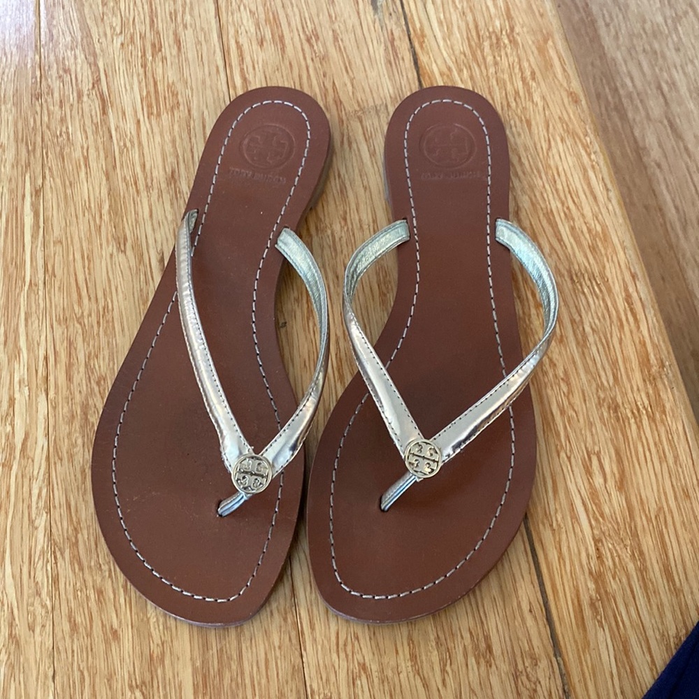 Tory Burch Brown Leather Flip Flop Sandals with Metallic Gold Straps